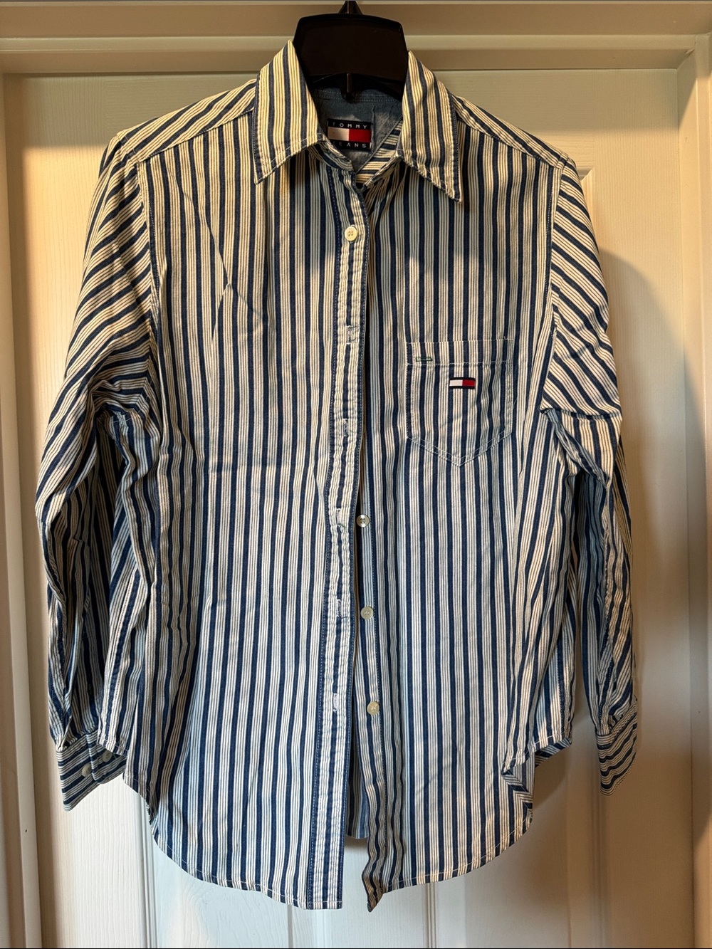 Tommy Hilfiger Men's Navy and White Vertical Stripe Button-Down Shirt